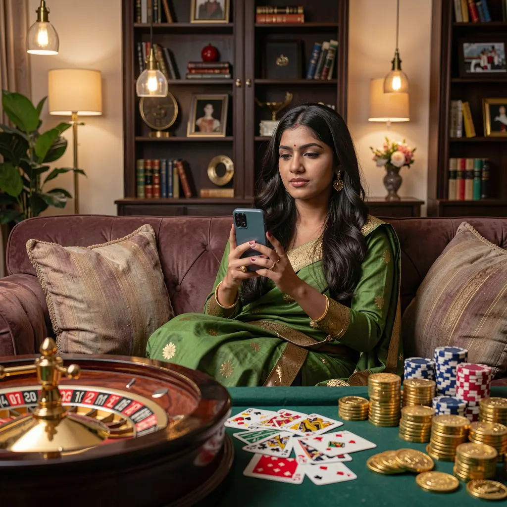 Confident Bangladeshi woman relaxing on a sofa while using the 7p777 casino app with a glowing roulette wheel and falling coins around her