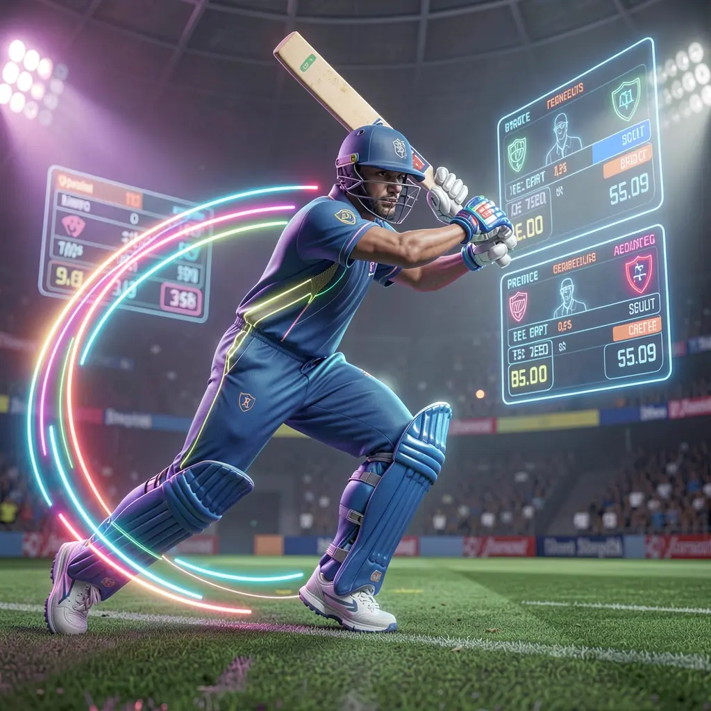 Futuristic cricket player with neon trail and holographic betting interface showcasing live match betting excitement on 7p777 in Bangladesh