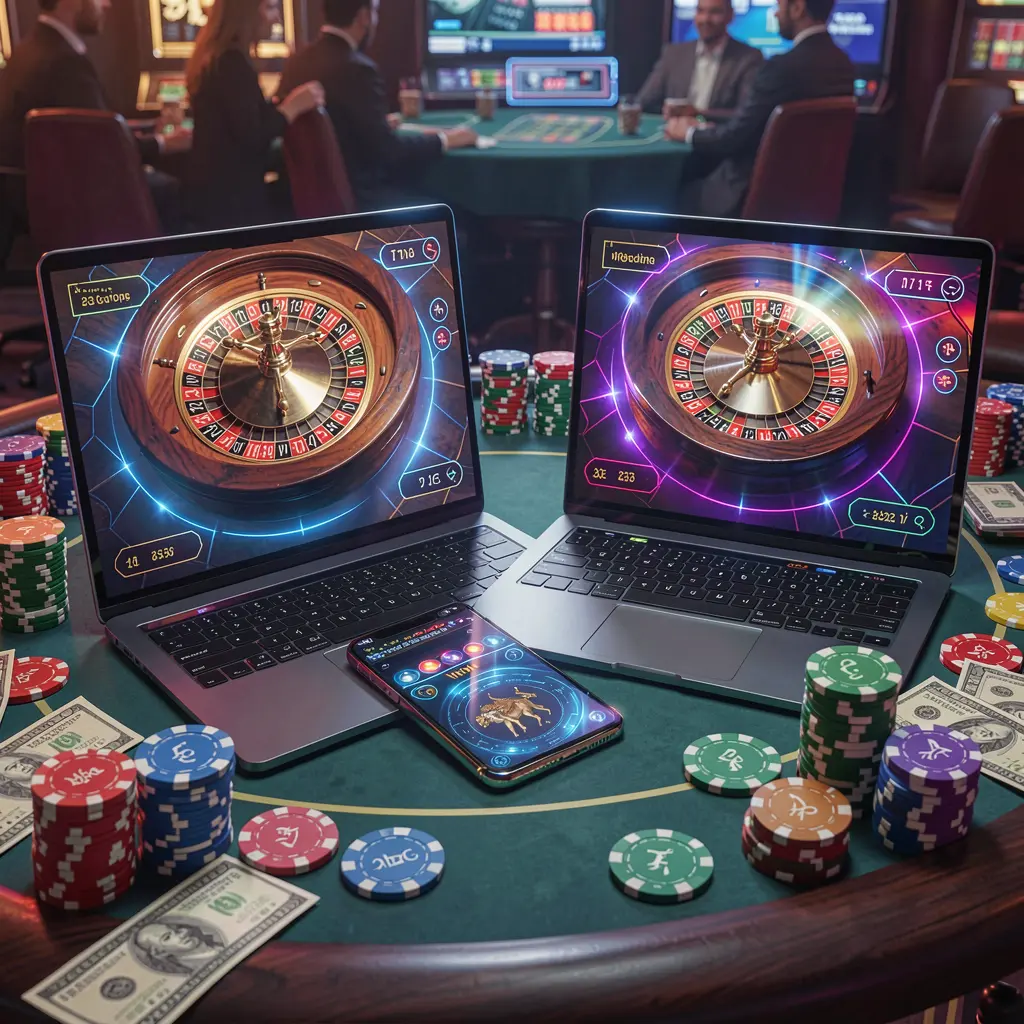 Modern casino setup with a laptop and smartphone displaying live roulette and stacked chips representing the premium online casino experience at 7p777 for Bangladesh