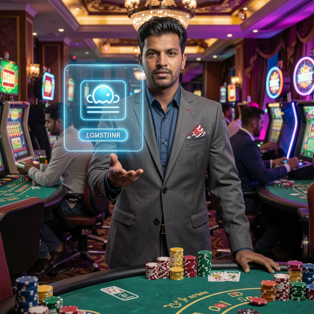 Confident Bangladeshi casino expert presenting a digital login interface with glowing effects highlighting 7p777 user access