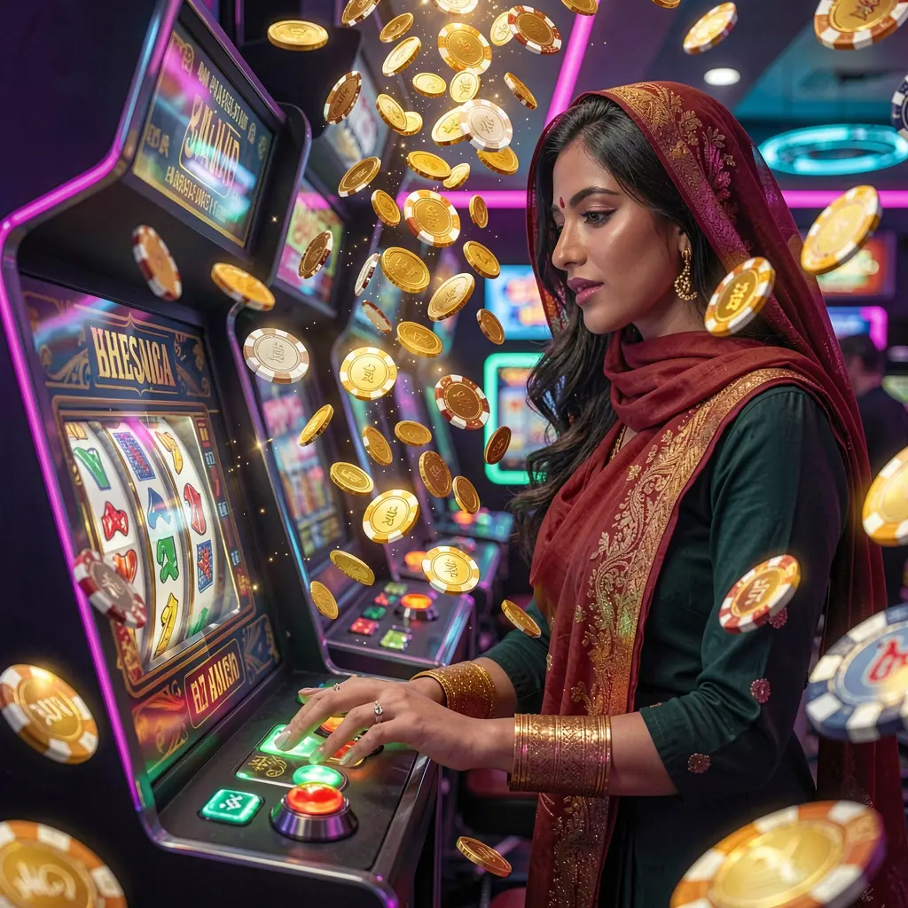 Close up of a female player pressing a slot machine button as golden coins rain down highlighting the premium casino atmosphere of 7p777 in Bangladesh